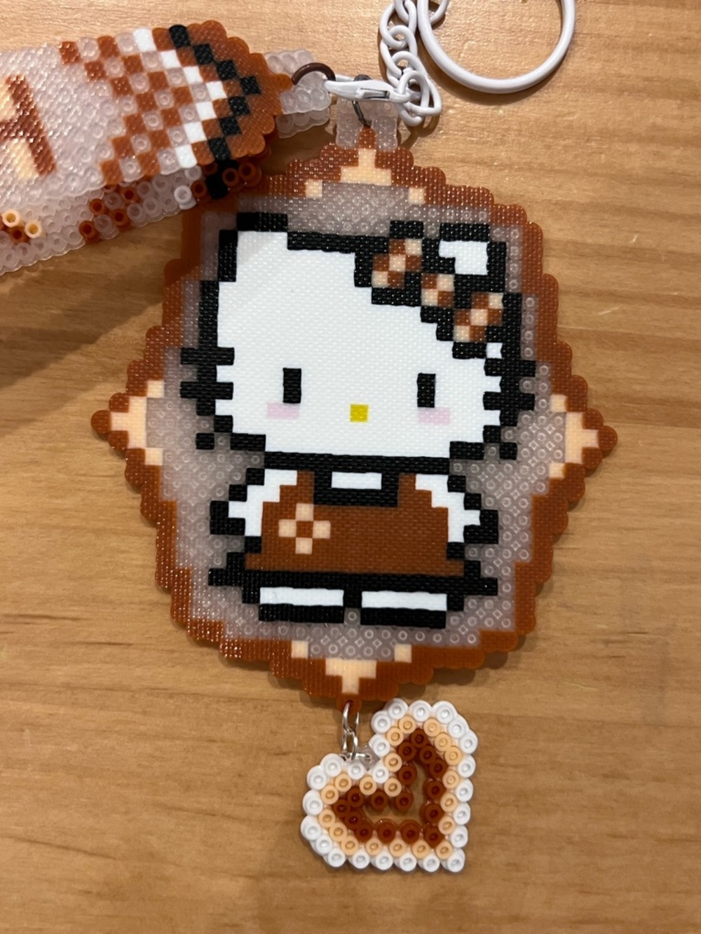Handmade Perler Bead Hello Kitty Keychain Brown Outfit w Heart Price Firm NEW - Picture 4 of 4